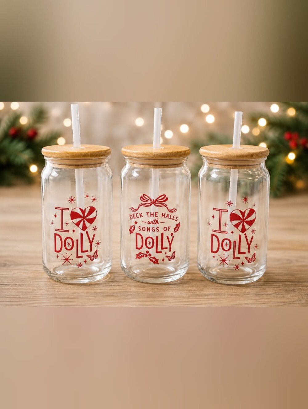 Dolly Parton Holiday Glass Tumbler Set with Bamboo Lids - Red